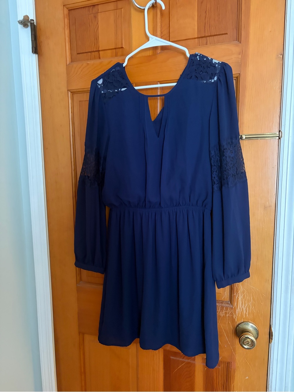 Express Navy Lace-Trim Long Sleeve Dress